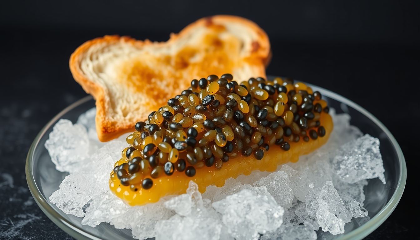 Pike caviar on ice with toast on a plate against a dark background.