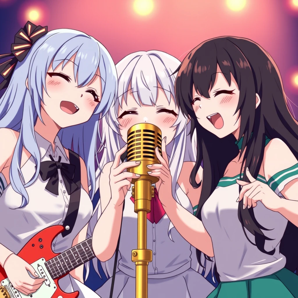 Three girls, one with blue hair, one with white hair, and one with black hair, all singing into the same golden microphone, anime style, rock and roll.