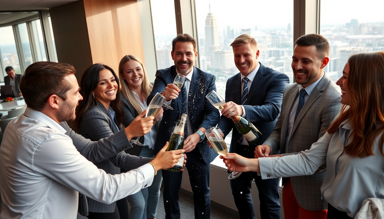 Business team celebrating a major success, popping champagne in a high-rise office, city skyline in the background, smiles and high-fives all around.