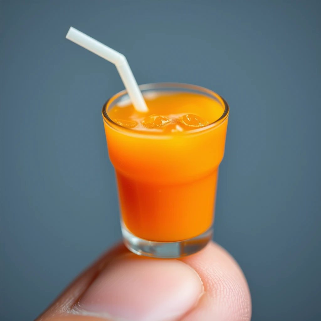 Extreme close-up macro photography depicting a very tiny miniature cup of orange juice with ice and a straw standing on a fingertip. - Image