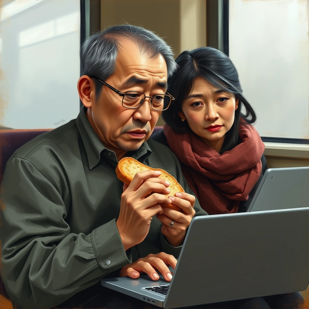 A realistic painting style, a sad Chinese programmer sitting on a train, eating bread with one hand while his eyes are glued to his laptop. He has thinning hair, slightly gray, and his wife is sitting beside him, looking at him with a sense of sorrow.