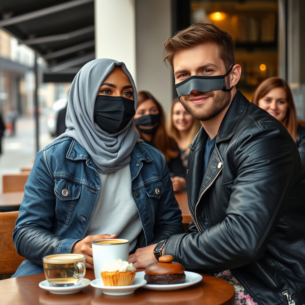 Jamie Dornan's head and body shot, handsome, black face mask, blue jeans jacket, jeans, dating a Muslim girl in a grey hijab, beautiful eyes, black face mask, black leather jacket, biggest floral skirt, at a cafe, two cups of latte, muffin cake, chocolate donut on a table, with another four friends smiling in the back, photorealistic, hyper-realistic, street photography, selfie.