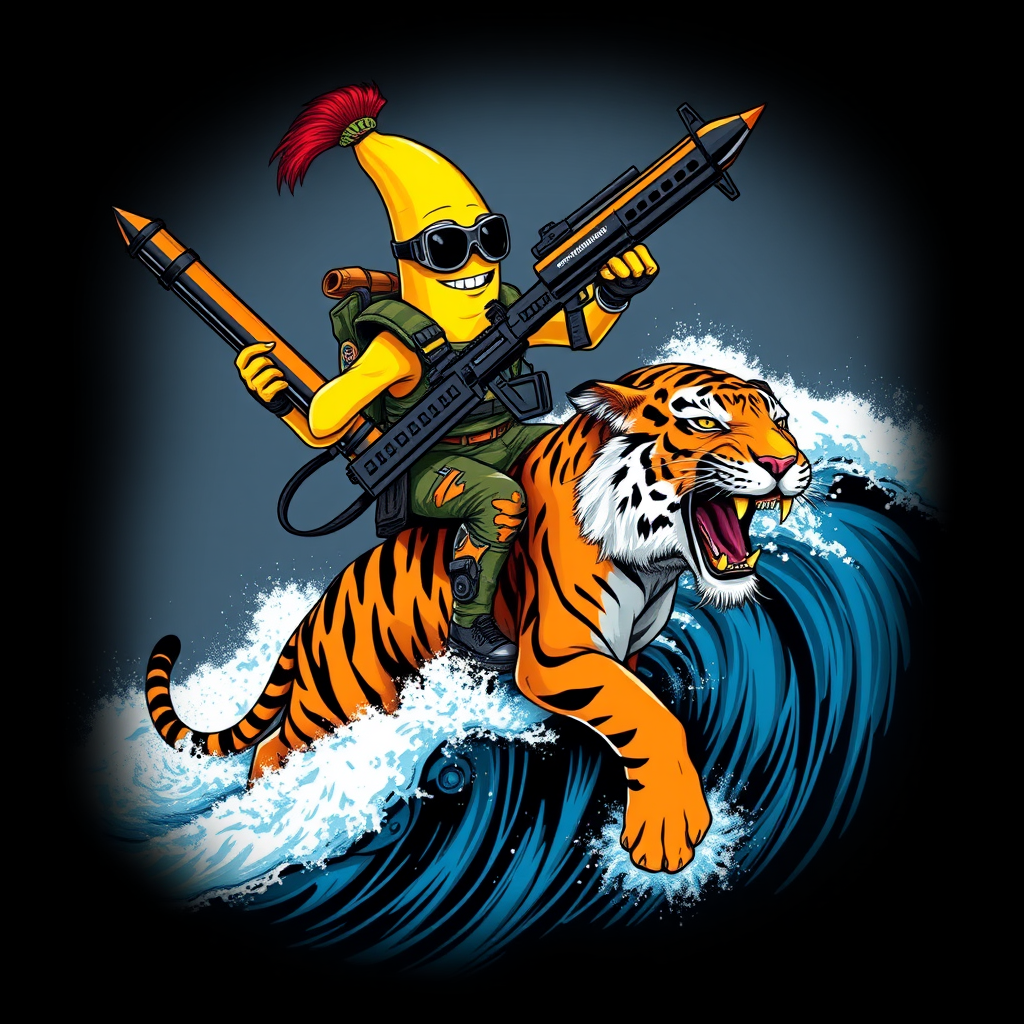 A tee shirt design featuring a sentient anthropomorphic determined banana man dressed in Rambo gear, carrying a huge rocket launcher in one hand and a massive chain gun in the other, while surfing on a Bengal tiger riding a colossal ocean wave. Epic design. The edges of the image fade to black. Vibrant future punk colors.