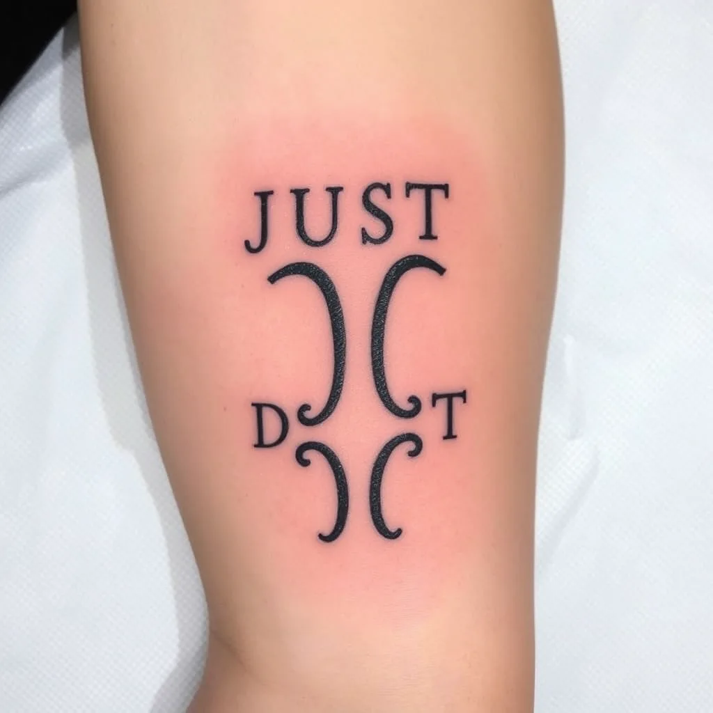 A bicep tattoo reading "JUST DO IT" blended into an Aquarius and Aries symbol.