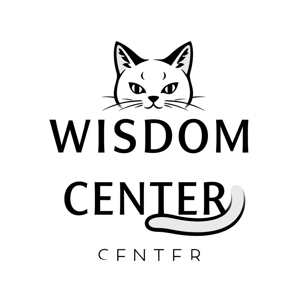 Art logo, letter "WISDOM CENTER", simple and clear, sober cat character. - Image