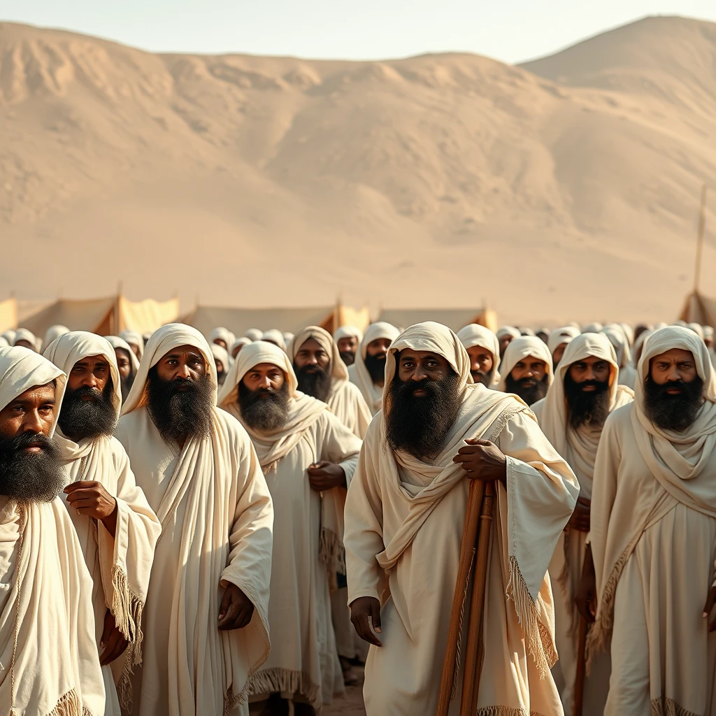 Photo-realistic image of multitudes of bearded black men. They are all dressed in white robes, with fringes on the hems. They live in temporary tent shelters in the desert at the Exodus.