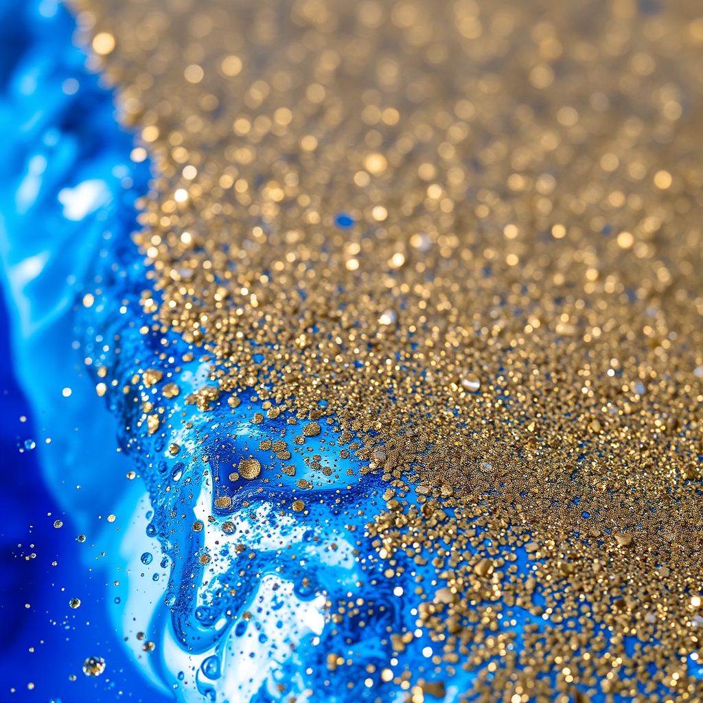 A close-up of a blue and gold glittery surface of water.