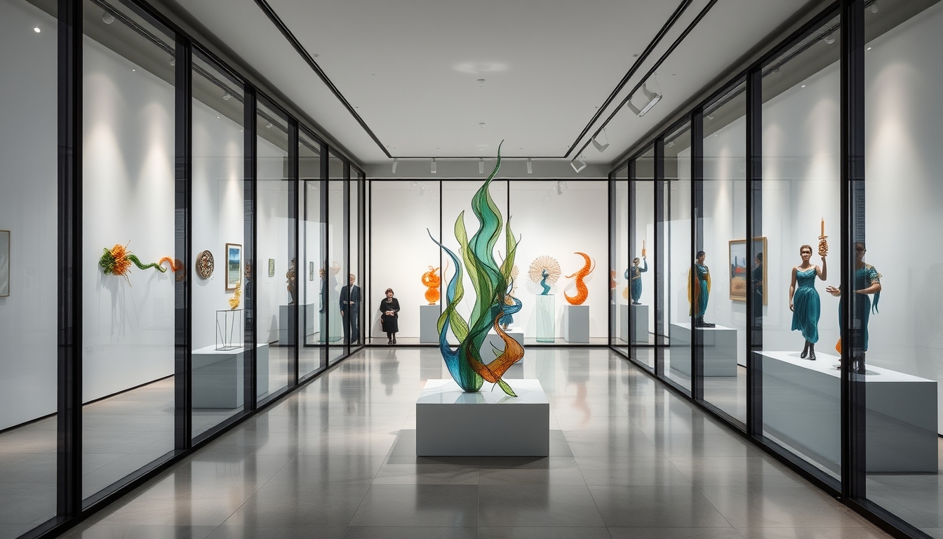 A modern art gallery with glass walls, showcasing contemporary glass sculptures.