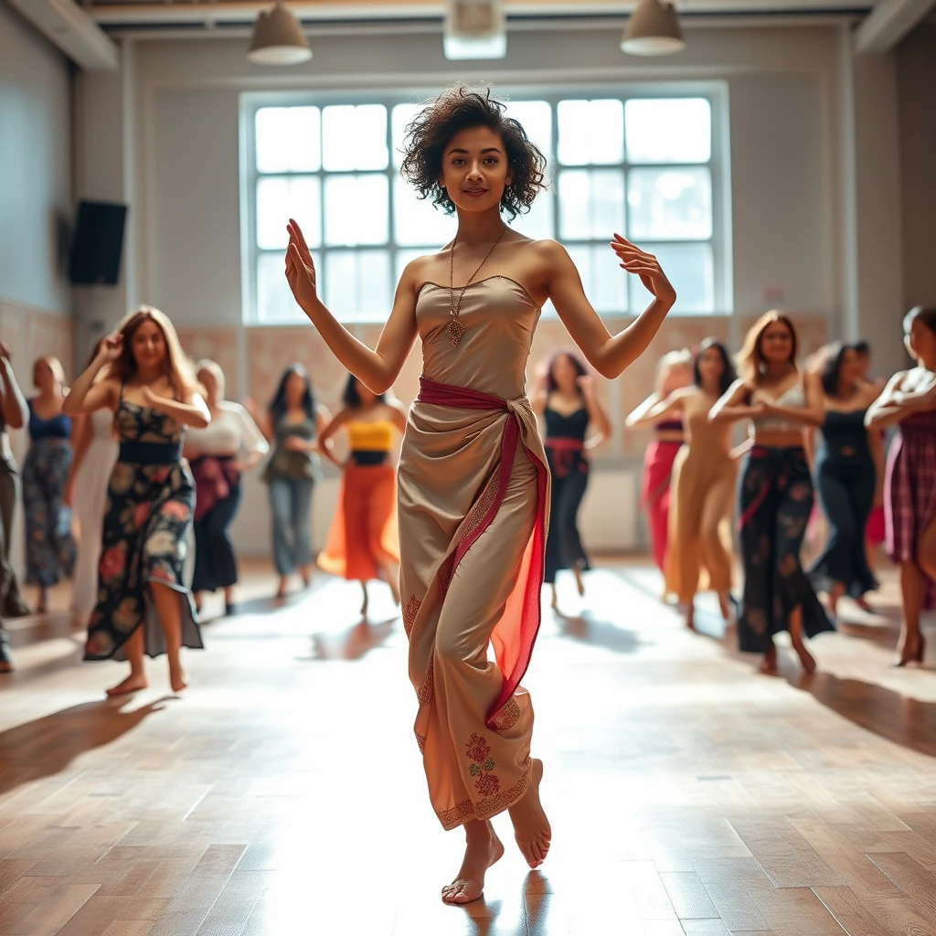 "Generate an image of a slender girl of Eastern appearance weighing 65 kilograms with shoulder-length curly hair, teaching oriental dance in a hall where only women are dancing. The room is quite spacious, full of light, and everyone is joyful." - Image