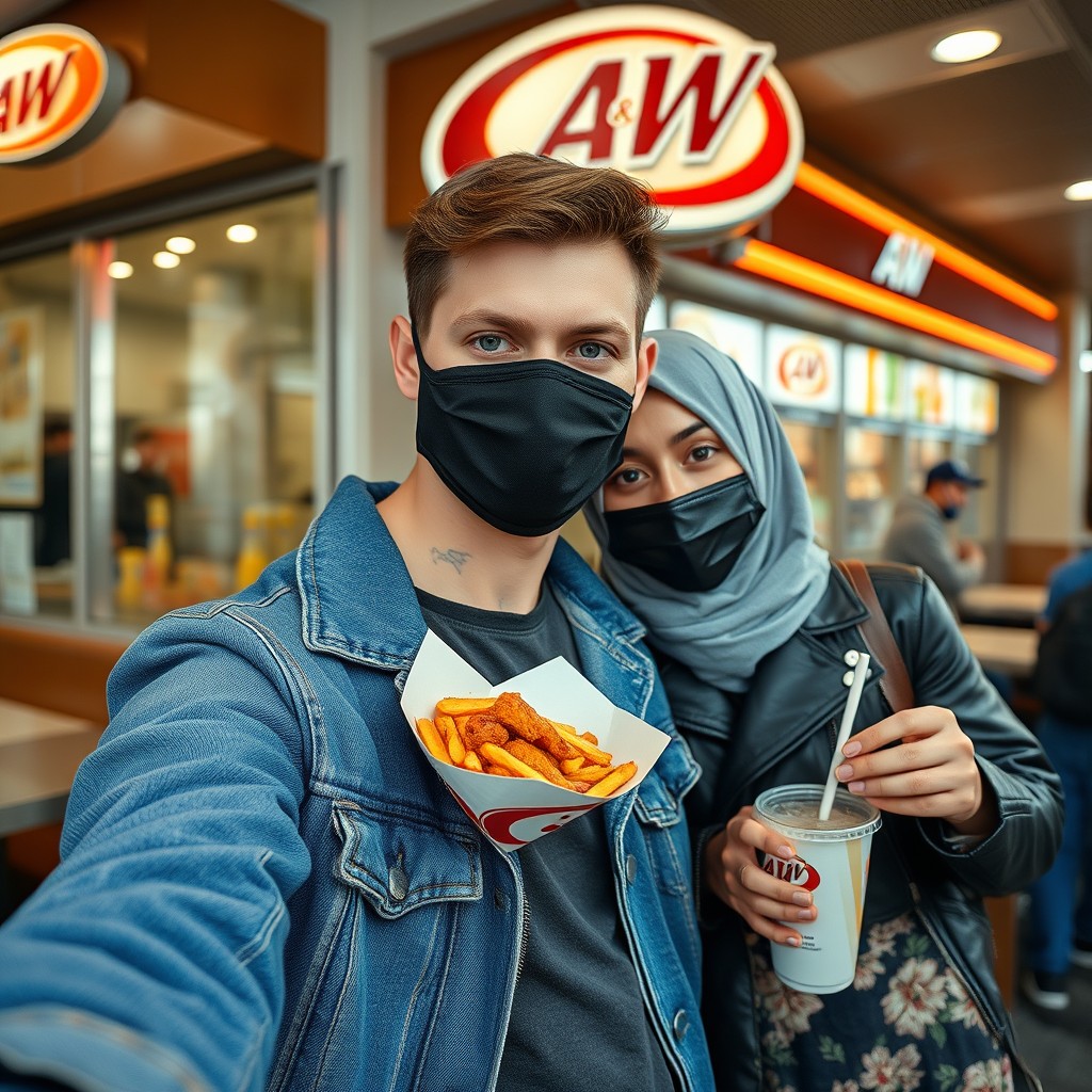 Jamie Dornan's head and body shot, handsome, young, face mask black, blue jeans jacket, jeans, dating love with grey hijab Muslim girl, beautiful eyes, face mask black, black leather jacket, biggest floral skirt, at A&W fast food restaurant, plate of Korean fried chicken and fries, soft drink, photorealistic, hyper realistic, street photography, selfie.