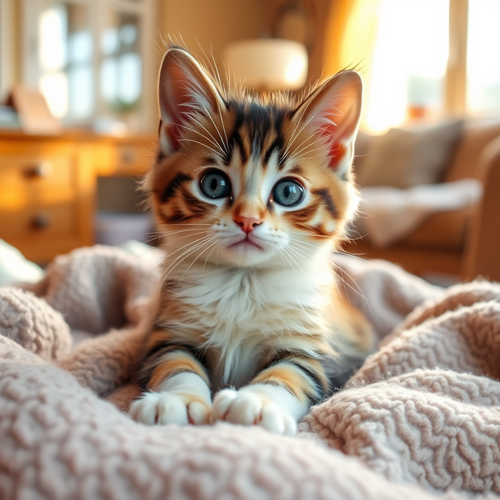 A delightful image of a cuddly and adorable cat. The cat is seen sitting on a cozy blanket, with its soft fur and innocent eyes making it irresistibly cute. The background features a warm and inviting room, with a gentle glow from the sunlight streaming through the window. The atmosphere is one of calm and affection, perfect for a moment of relaxation and love. - Image