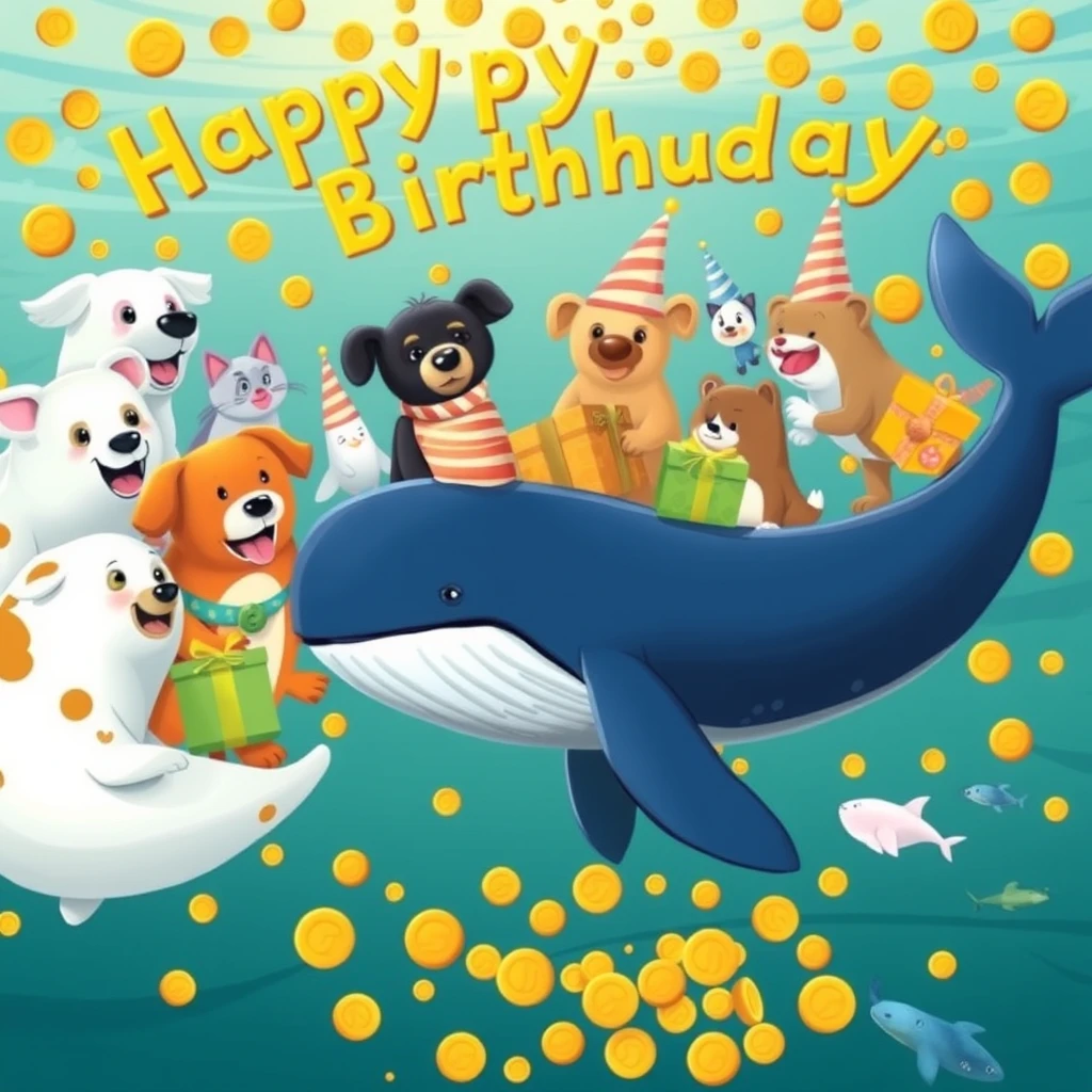 Animals are celebrating a birthday, with dogs, whales, and many gifts. The atmosphere is joyful, and the background is underwater, filled with gold coins, with fewer animals. - Image