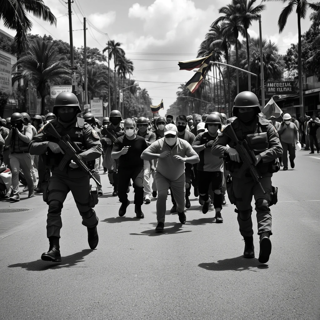 B&W photorealistic image of Venezuelan soldiers rounding up protesters.