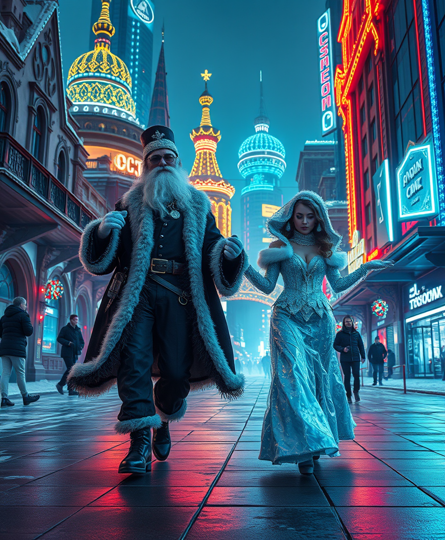 An exciting cyberpunk scene where the Russian Snow Grandfather and the charming Snow Maiden walk through a futuristic city decorated with Christmas lights. The character of the Snow Grandfather dances in a modernized elegant outfit with cyberpunk elements, and the Snow Maiden is dressed in a charming ice outfit that complements the futuristic setting. The architecture of the city combines traditional Russian elements with high-tech buildings illuminated by neon lights, and the atmosphere creates an atmosphere of celebration and futuristic wonder.