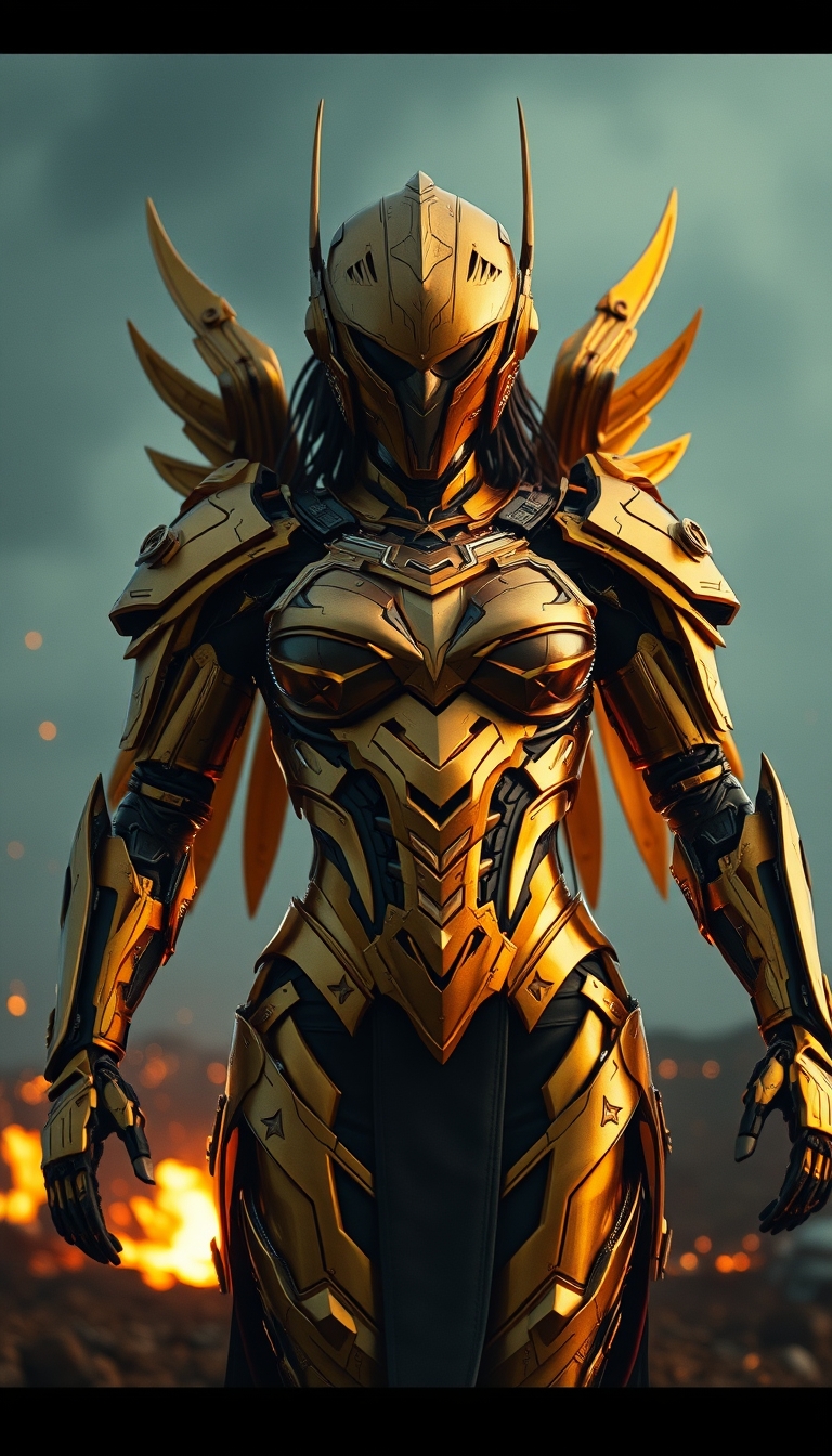 Cinematic shot of a cyborg female battle angel rising from ashes, golden regal Valkyrie armor, futuristic, full smooth helmet, standing on a battlefield, movie scene, film grain, realistic, shot from below, dark lighting.