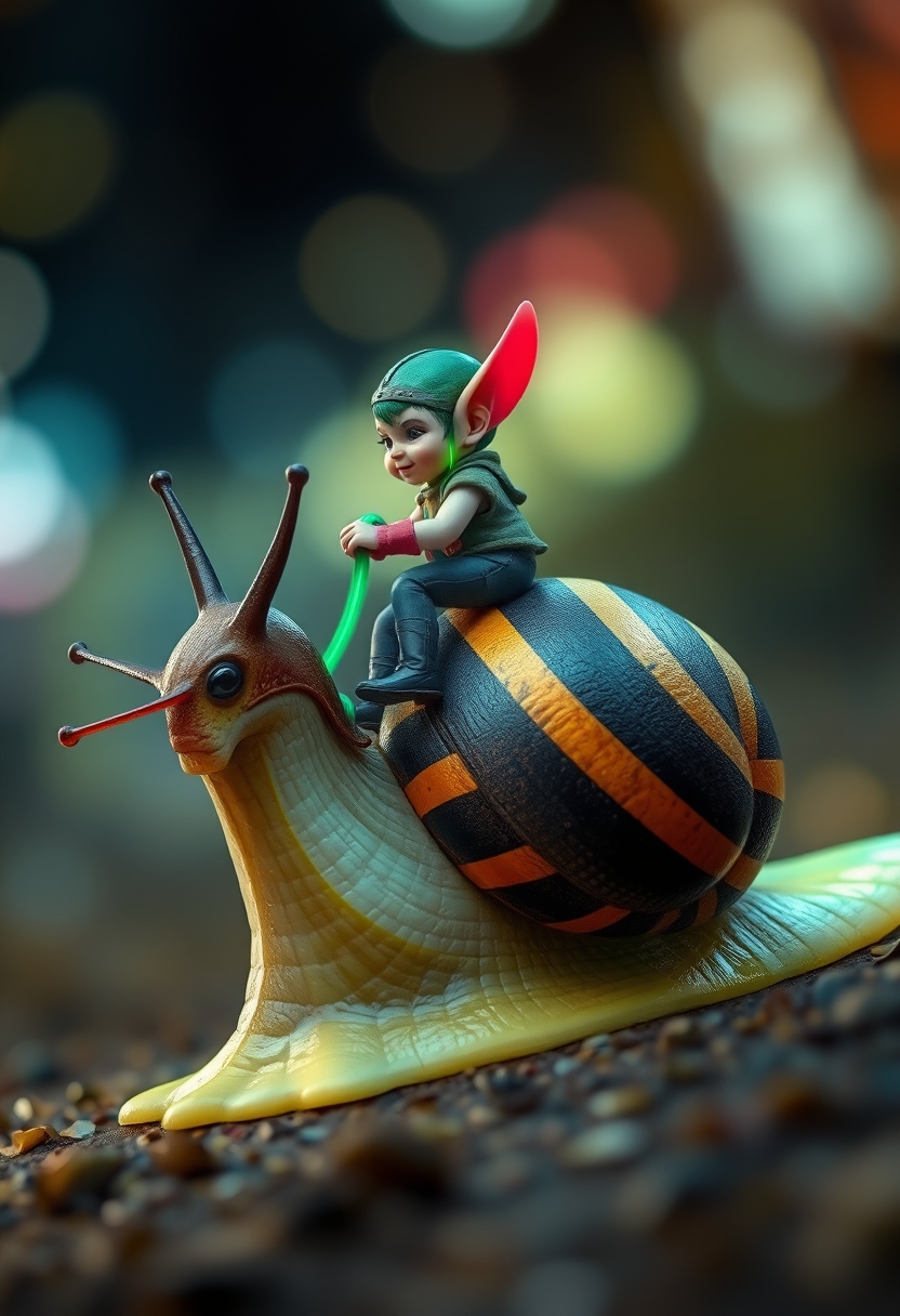 A tiny goblin jockey riding on the back of a giant snail, with neon reins, the snail's shell striped black and yellow, leaving a slime trail, surrounded by neon bokeh, in the style of a fantasy painting.