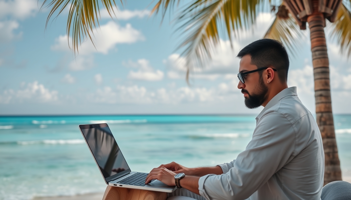 A digital artist working on a laptop in a tropical location, with the ocean in the background, emphasizing the freedom of remote work. - Image