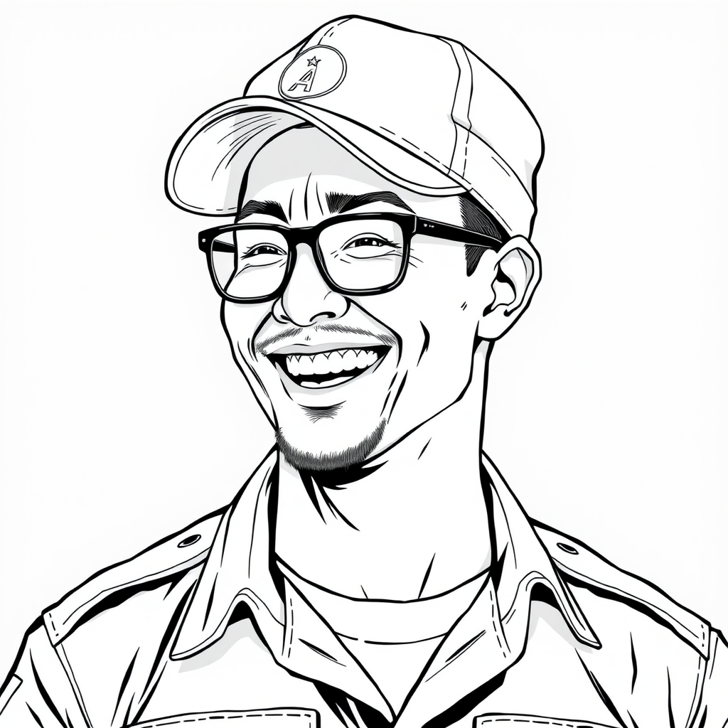 A cool black and white line drawing of a man around 35 years old, wearing a baseball cap, of Asian descent, with black thin-framed glasses, a bit of facial hair, a tough guy in military uniform, a full face with defined features, a strong physique, clean and fresh skin, laughing heartily after winning.