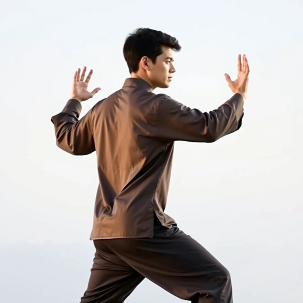 Photo of a college male performing Tai Chi in the White Crane Spreads Its Wings posture. He stands in a balanced and poised stance with his left hand extended upward, fingers pointing to the sky, and palm facing outward. His right hand is extended downward, fingers pointing to the ground, and palm facing inward. His body is slightly turned to the right, with his weight shifted to his back leg, emphasizing the grace and fluidity of the movement. The background is serene and minimalistic, highlighting the intricate hand movements and overall posture of Tai Chi.