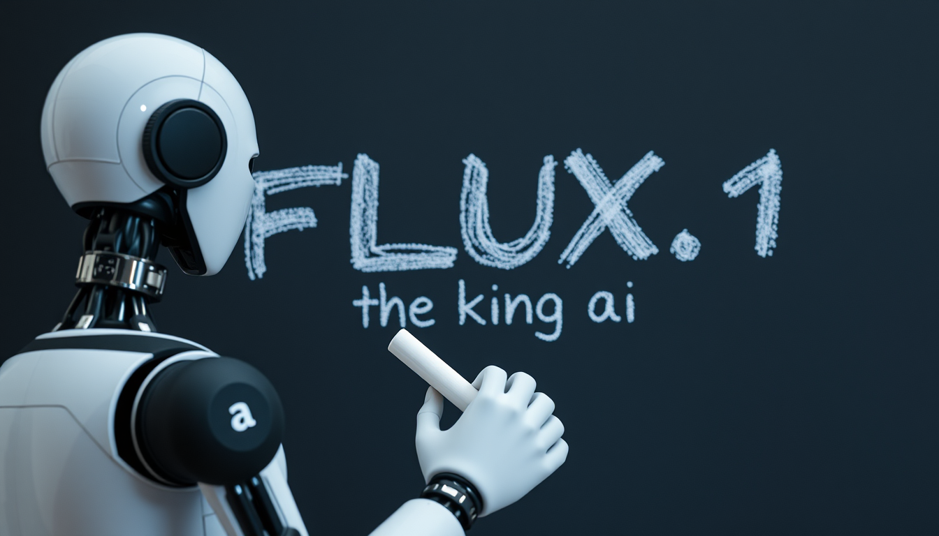 A robot holding chalk looking at a blackboard that reads the following poem: "FLUX.1 the king ai."