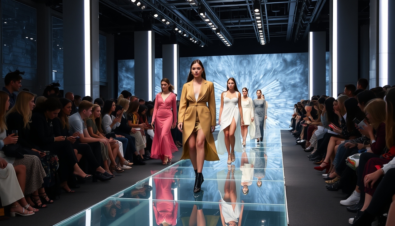 A high-end fashion show with models walking down a glass runway.