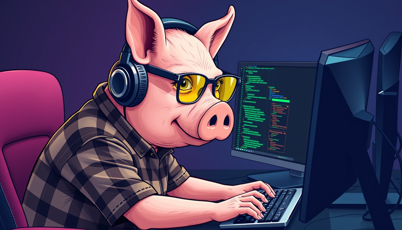 A tech-savvy pig coder, wearing yellow-tinted glasses and sleek noise-cancelling headphones, hunches over a cutting-edge multi-monitor setup. The anthropomorphic pig exudes focus, typing furiously while dressed in a plaid t-shirt. - Image