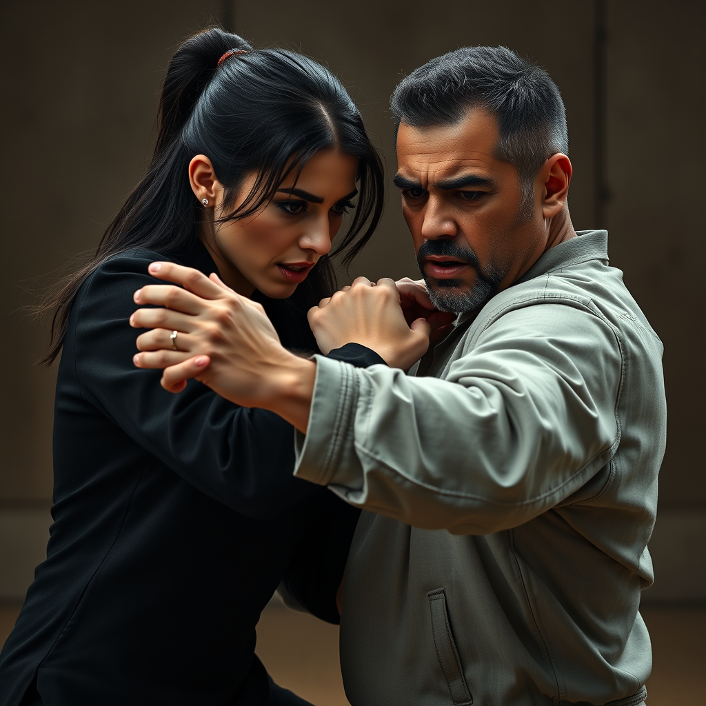 Woman using self-defense against a man, intense expression, ultra-realistic, 8k.