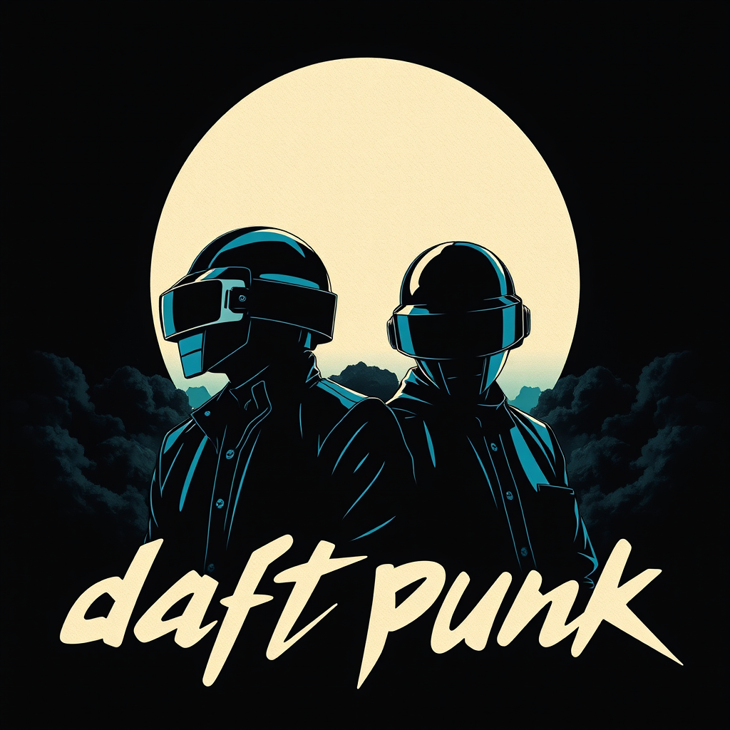 Daft Punk band looking on the left, vector art style for a poster or T-shirt, featuring a large sun-like circle in the background, layered with dark grey clouds and tetradic color. The design includes black canvas, dark teal accents, and a sinister atmosphere, reminiscent of album art and CD cover artwork. - Image