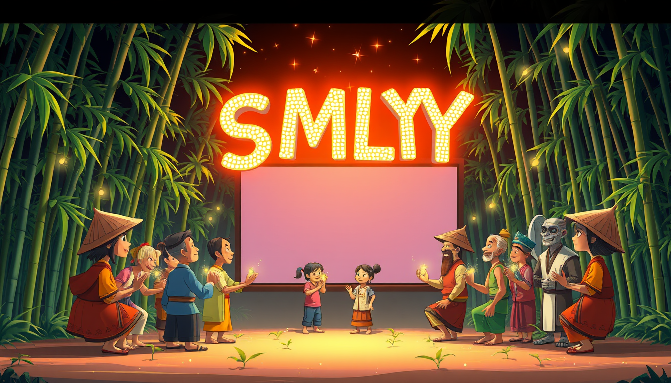 Cartoon style: Vietnamese villagers from various walks of life gather in a clearing surrounded by bamboo groves, facing a glowing screen. Firefly-like lights dance from their palms, converging to form a shimmering "SMLYT" above their heads. The letters are depicted in a bold, cartoon 3D style with exaggerated proportions and vibrant colors. Each letter appears to be made of a different material - metal, wood, crystal, and living plants - with animated textures that continuously shift and change.