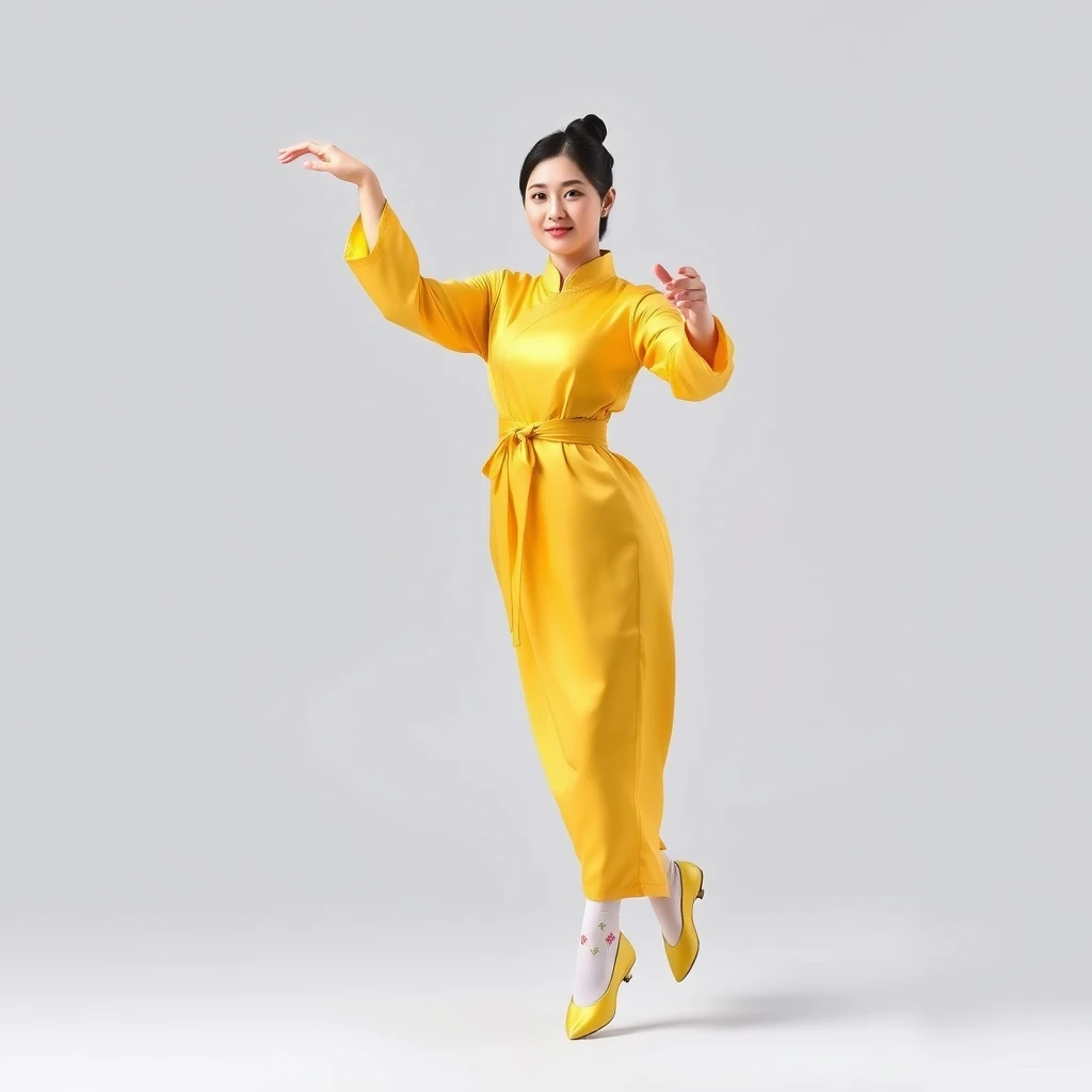 A single Korean woman dancing in a yellow traditional Korean costume. Dancing classically, daintily, and nobly. FULL SHOT, yellow traditional shoes, neatly tied black hair. Full body is visible, feet in white flowered socks, nimble movements. - Image