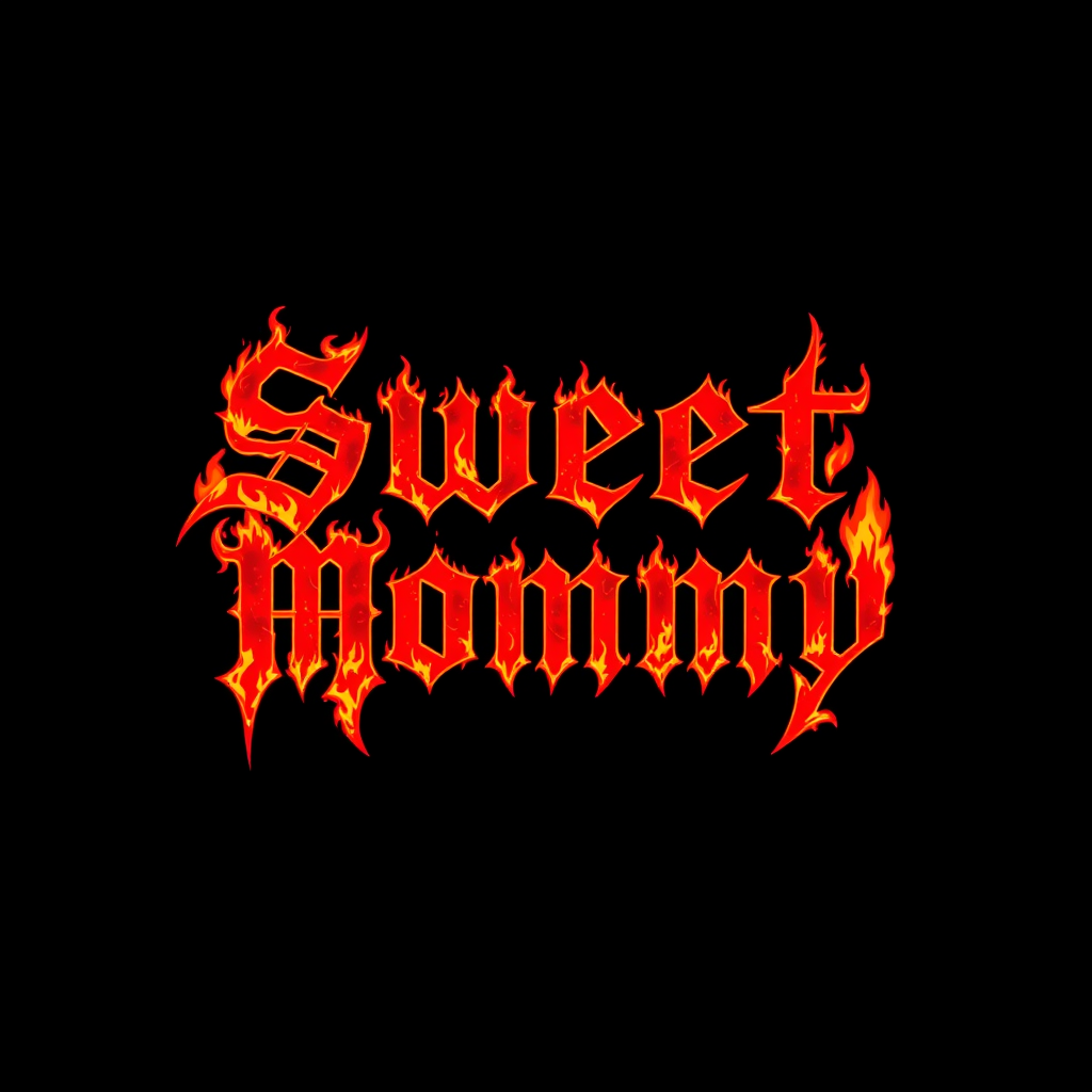 T-shirt design of a stylish death metal band logo for "Sweet Creamy Mommy" in red with fiery orange embers and charred effects around the lettering.