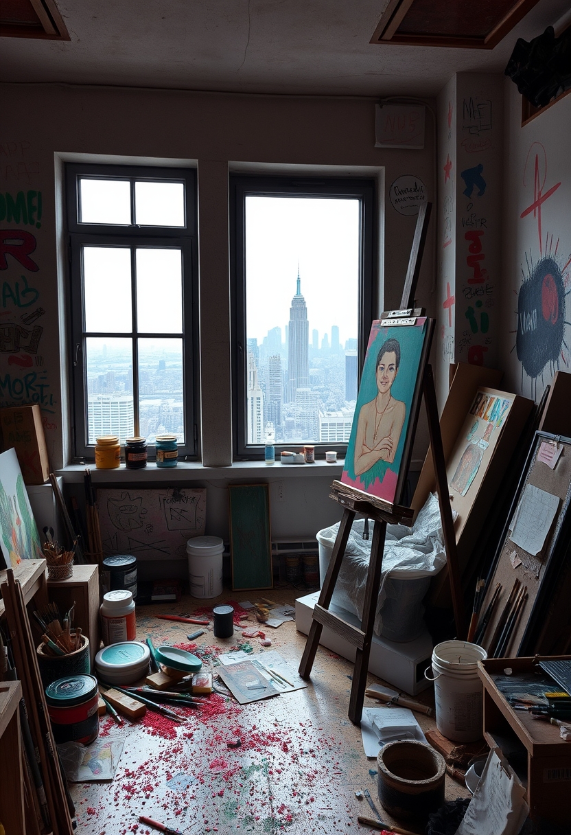 A messy art studio with an easel, paintbrushes, and a window overlooking a city skyline.