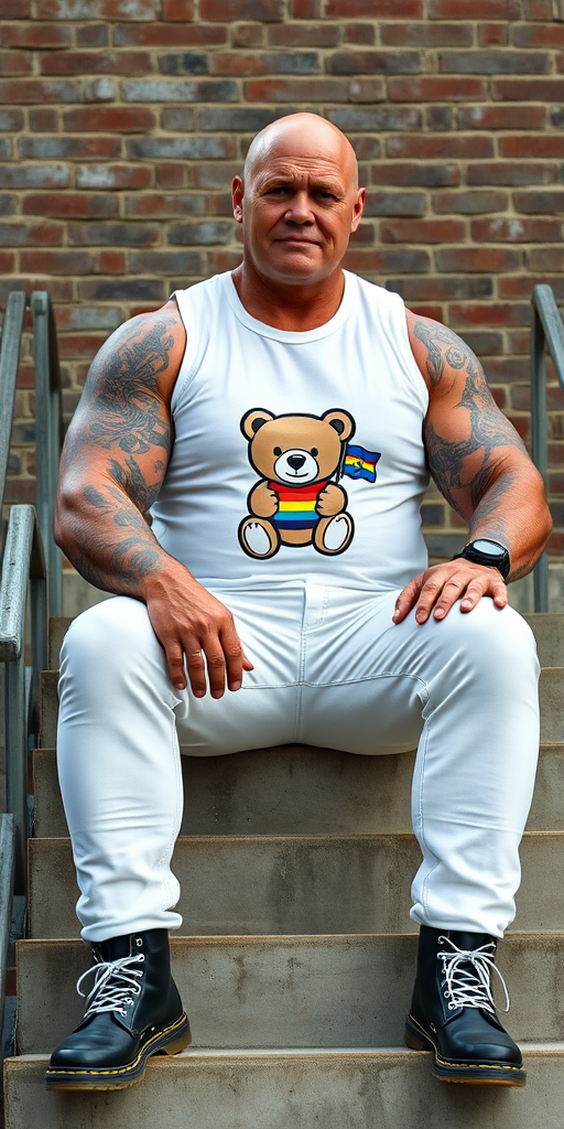 A towering, muscular 60-year-old skinhead sits confidently on concrete stairs, his gleaming bald head contrasting with his light skin. Clad in a striking white graphic t-shirt with a logo of a teddy bear holding a gay flag, tattooed arms flex beneath the sleeveless fabric. Tight bleached denim trousers highlight his powerful legs, complemented by knee-high Dr. Martens boots with white laces. The rugged brick wall and metal handrails create an industrial backdrop, enhancing the imposing presence of this behemoth. - Image