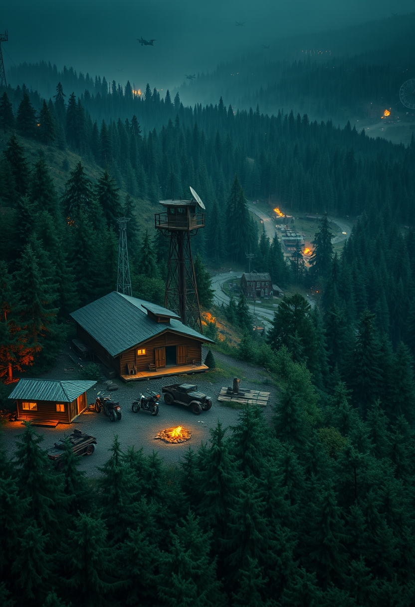 Photo realistic drone shot in a thick evergreen forest of a wooden outpost next to a cabin, a small campfire, a pile of rusty parts, some old motorbikes, an old armored vehicle, a wooden watchtower all on a large hill with satellite dishes next to a radio tower, all in a hilly landscape. There are yellow, orange, red and faint green glows emitting from the cabin and the outpost. In the distance, there’s an old overgrown town with brick buildings that's barely visible, with only faint glows emitting from a few of the windows and a small campfire barely visible. Sprinkled in the distance are small and slightly hidden outposts, old structures, radio towers, shacks, and watchtowers. Faint explosions and gunshots in the far distance accompanied by many dogfighting warplanes and arrays of incoming bomber planes and tanks. The entire landscape is covered in a jungle of tall evergreen trees, with occasional wet gravel and rich dirt roads winding through. The weather is warm, rainy, and cozy under a cloudy sky with a post-apocalyptic atmosphere and retro liminal feeling to it. - Image