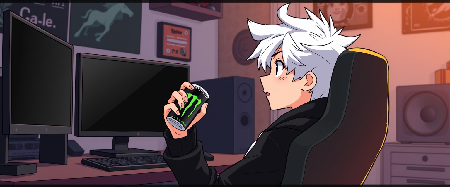 Animated gamer room with a boy with white hair and a black hoodie sitting in a gaming chair while drinking a Monster energy and looking at his 2 monitors with the screen black. - Image