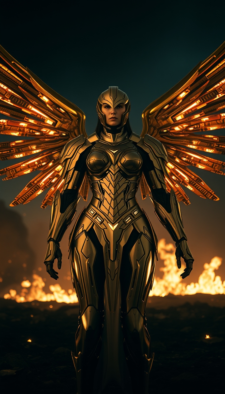 Cinematic shot of a cyborg female battle angel rising from ashes, golden regal Valkyrie armor, futuristic, full smooth helmet, standing on a battlefield, movie scene, film grain, realistic, shot from below, dark lighting.