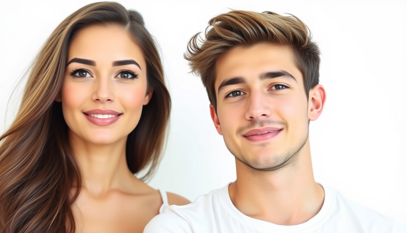 Handsome teenage couple from Italy, a man and a beautiful woman with great hair, against a pure white background.