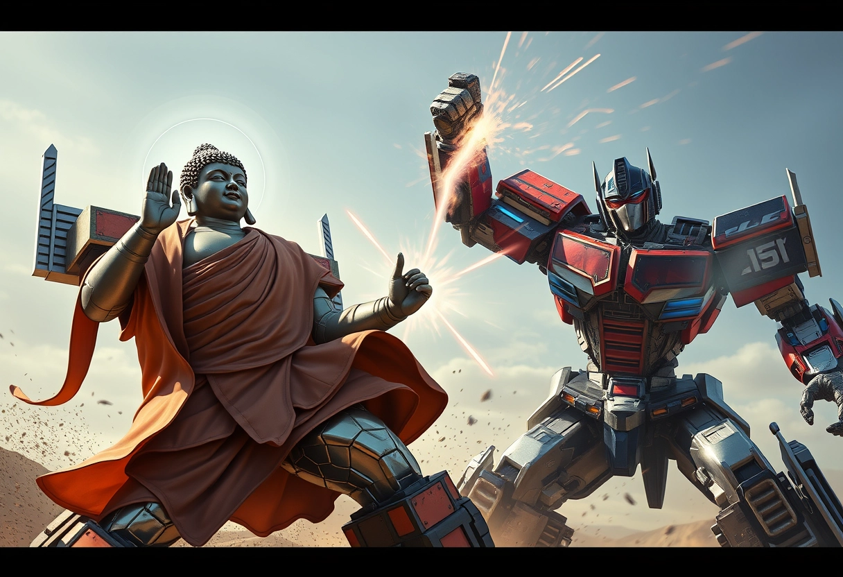 "Buddha Tathāgata battles Optimus Prime and Megatron, in a photorealistic style."