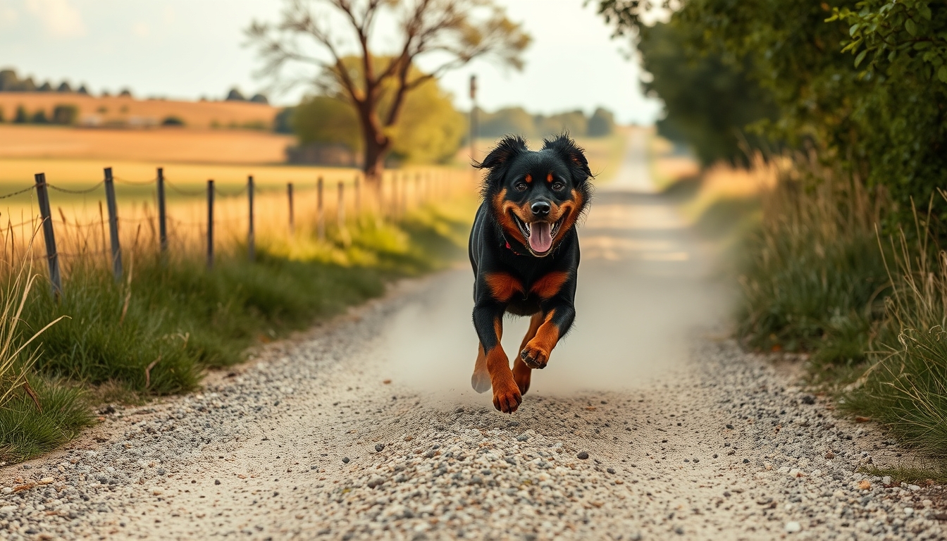 Rottweiler chasing a beautiful adult bikini girl on a dusty gravel county road.