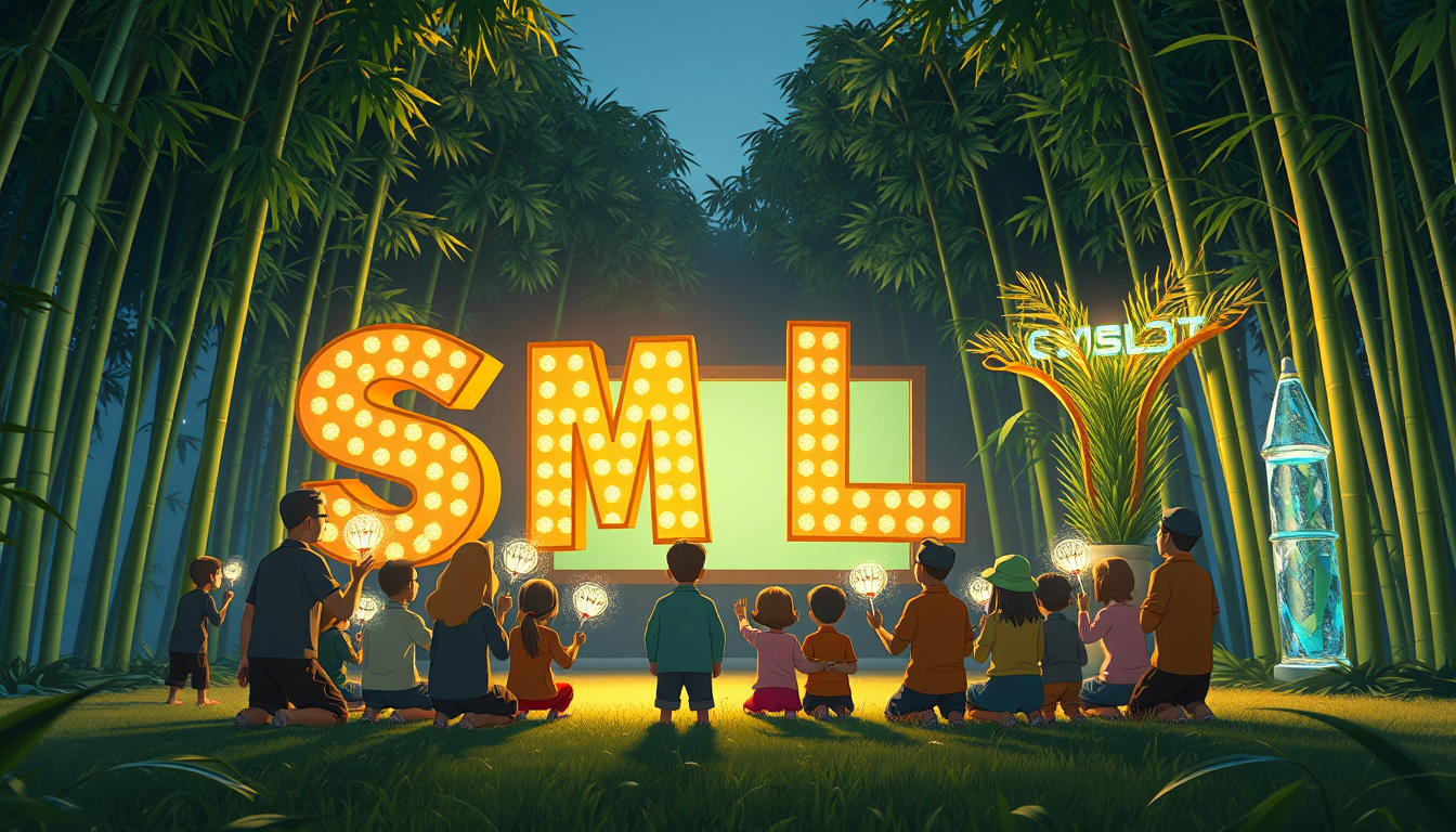 Cartoon style: Vietnamese villagers from various walks of life gather in a clearing surrounded by bamboo groves, facing a glowing screen. Firefly-like lights dance from their palms, converging to form a shimmering "SMLYT" above their heads. The letters are depicted in a bold, cartoon 3D style with exaggerated proportions and vibrant colors. Each letter appears to be made of a different material - metal, wood, crystal, and living plants - with animated textures that continuously shift and change.