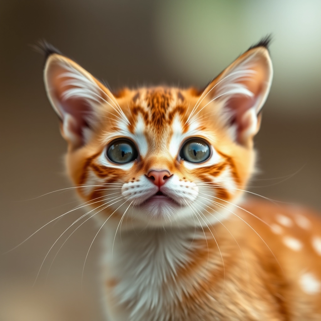 "To emphasize reality and evoke a sense of dynamic liveliness, imagine a cute cat with big eyes like a deer's playfully showing affection." - Image