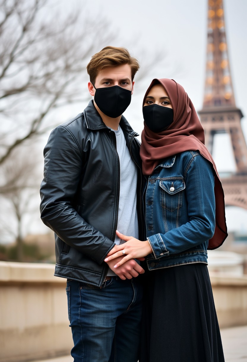 Jamie Dornan, handsome, black face mask, black leather jacket, jeans, dating, love couple with the biggest hijab Muslim girl, beautiful eyes, black face mask, denim jacket, biggest skirt, wedding rings, Eiffel Tower, realistic, street photography.