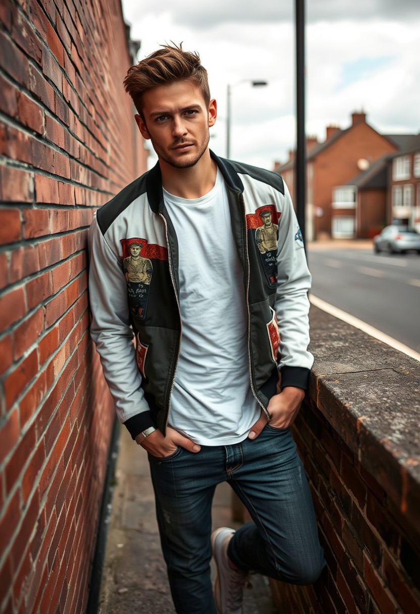 Jamie Dornan head and body shot, handsome, young, serious face, dark brown hair, white t-shirt, collage jacket, skinny jeans, sneakers, standing hot style, flirting smile, near town road, leaning against wall, hyper-realistic, street photography, brick wall, full body photo.