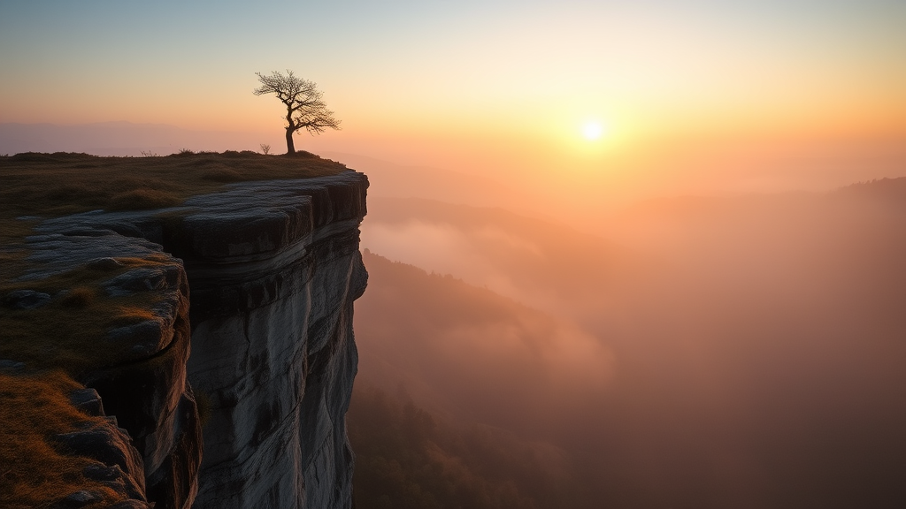 A lone tree on the edge of a cliff at sunrise in a foggy valley, by Ivan Grohar, a picture, art photography, misty mood, foggy landscape, dawn light, at sunrise, an amazing landscape image, award winning landscape photo.