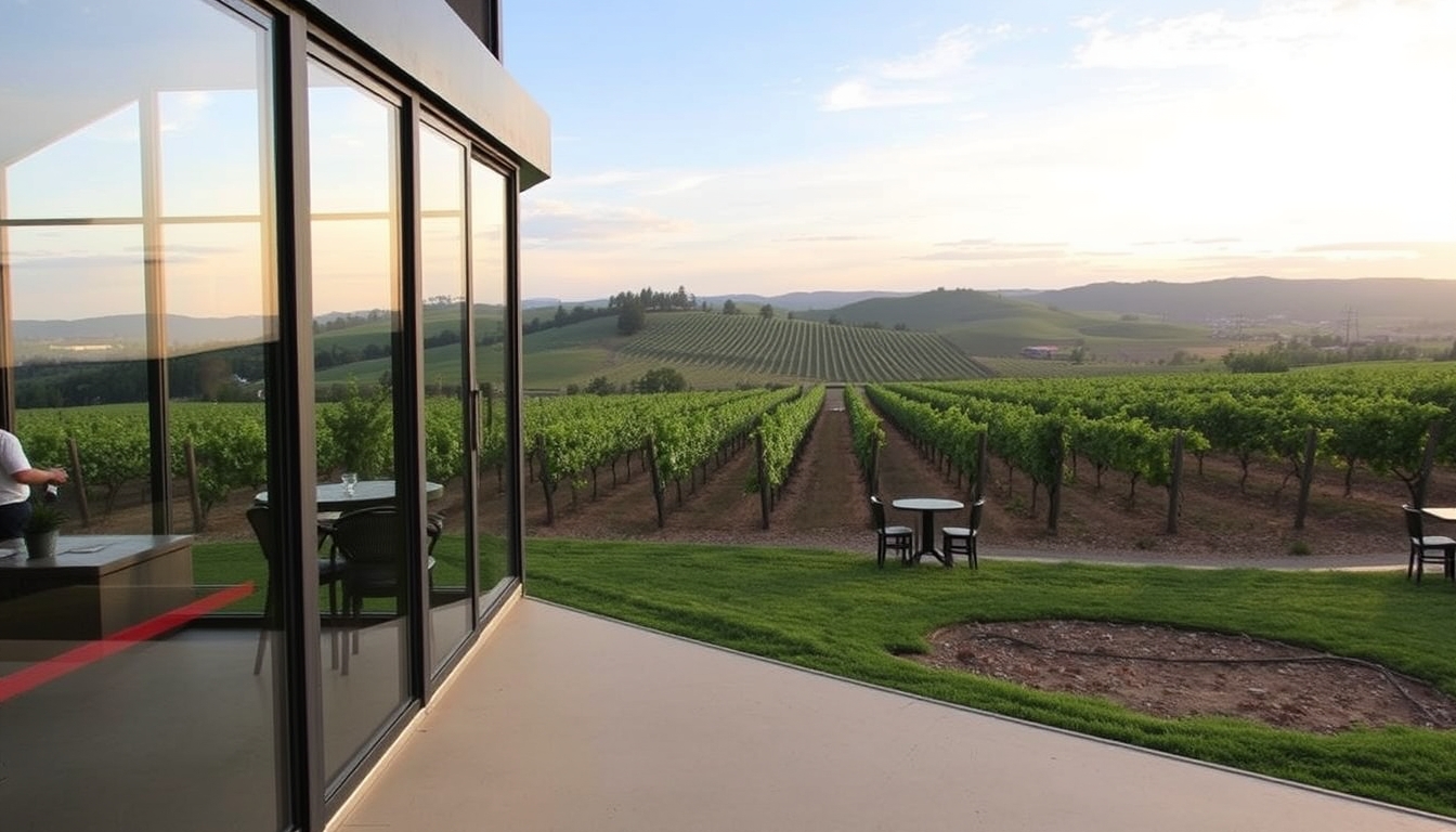 A picturesque vineyard with a glass-walled tasting room overlooking the grapevines. - Image