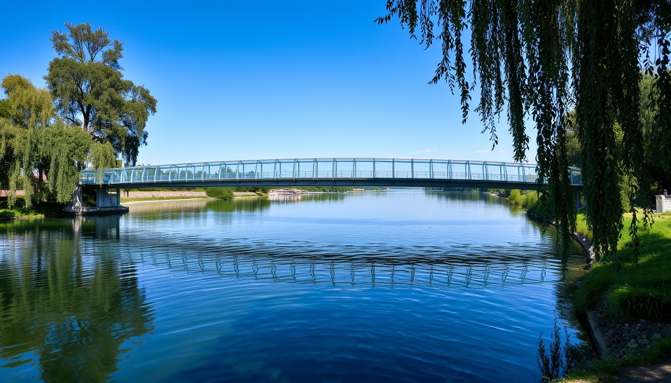 A serene river scene with a glass-bottomed bridge crossing over it. - Image