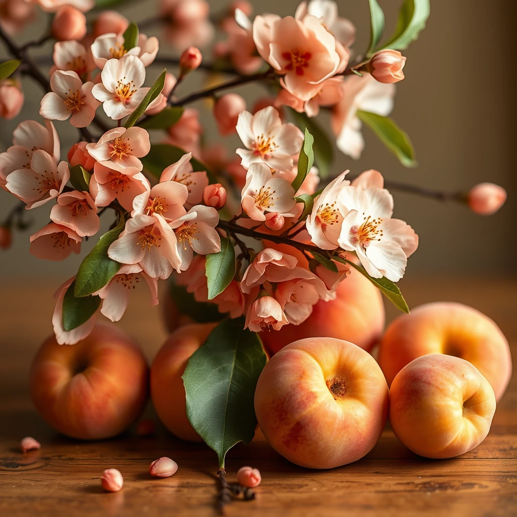 There are peach blossoms and peaches on the table, and the main colors are peach and gold pearl, autumn color tones, and I hope it has a rich autumn feel.