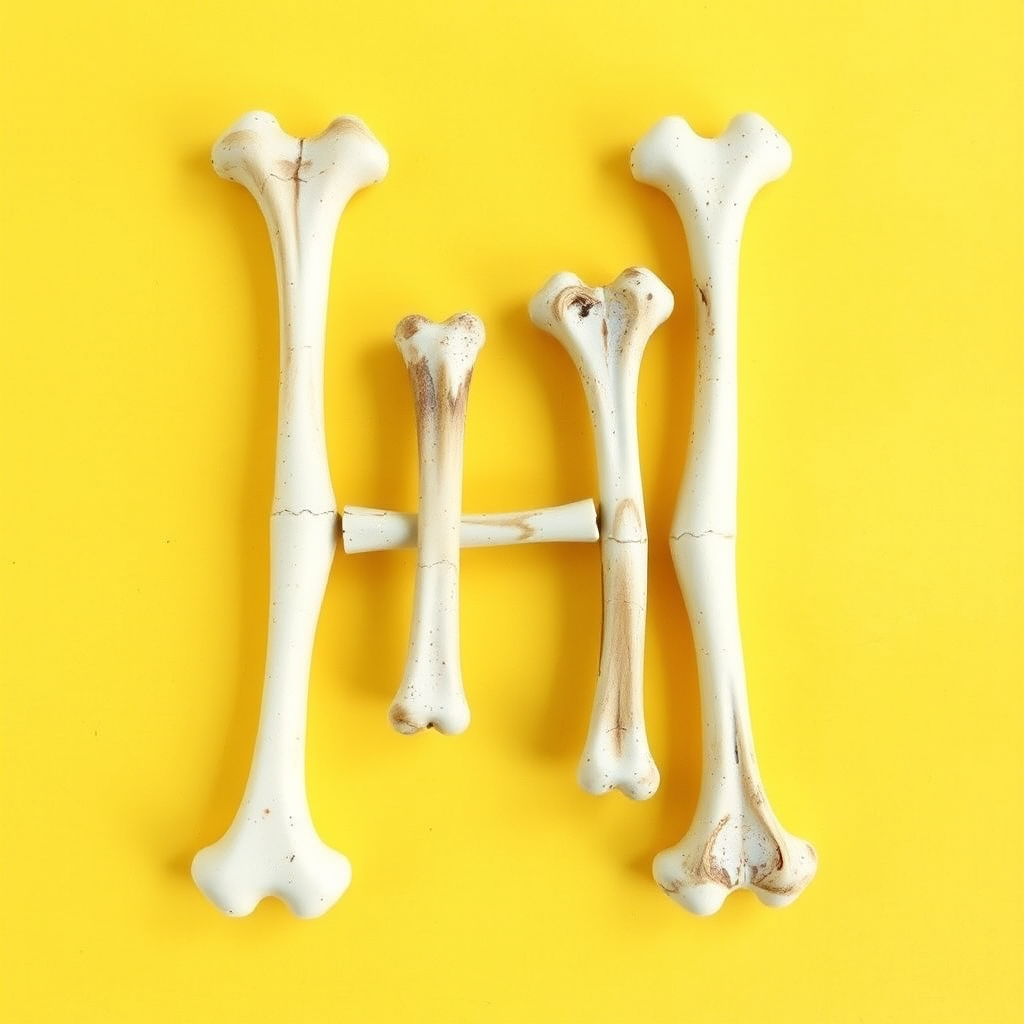 A typo "H" made of bones, yellow background, realistic photograph. - Image