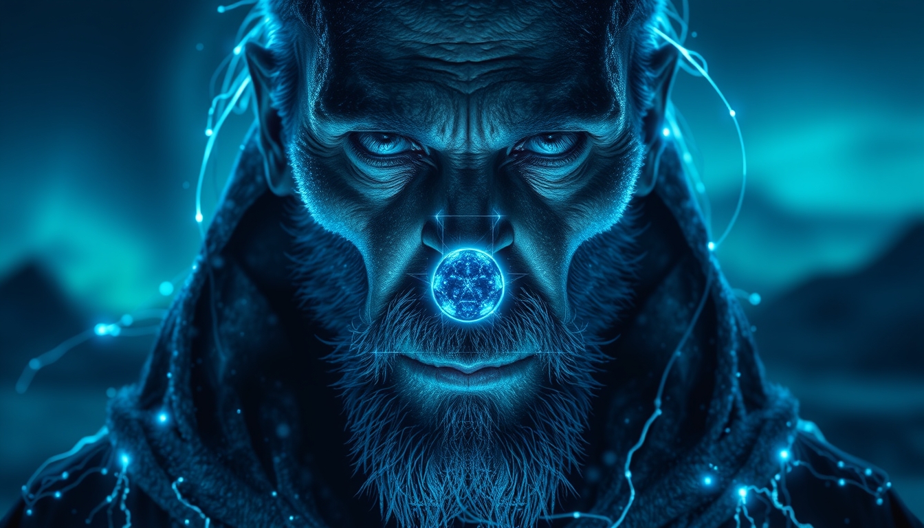 A symmetric portrait of a male, evil frozen necromancer, features dissolving into frozen magic thin, luminescent blue lines. Weighted Voronoi stippling and laser caustics create a network, transitioning from hyperrealistic detail to abstract, quantum-inspired forms. Ethereal hues blend, evoking existential transition and mystery. Close-up on face, evil skull partially visible. Set against a twilight arctic backdrop, icy winds ripple through his tattered robes. Rendered in a fusion of photorealism and digital surrealism, the scene is illuminated by ghostly Northern Lights. Emphasis on cold, menacing atmosphere, invoking Nordic myths. - Image