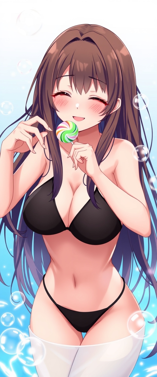 Anime style, a beautiful long-haired brunette Caucasian girl wearing a black bikini, smiling, winking, with a lollipop, surrounded by bubbles.